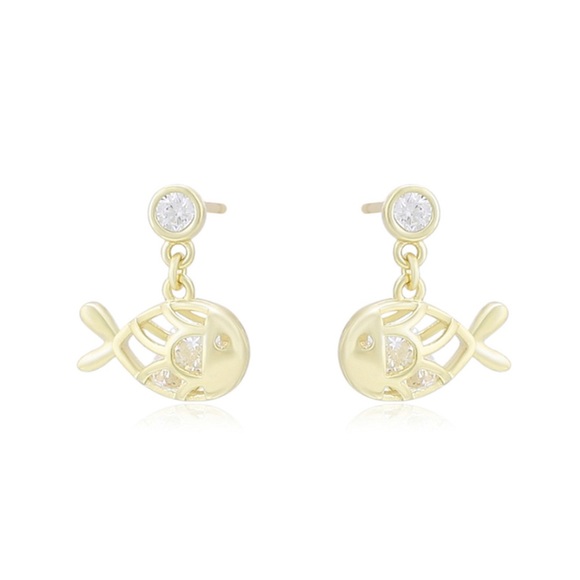 Fish Stud Earrings Moving CZ Stone Luxury Jewelry - Picture 2 of 12